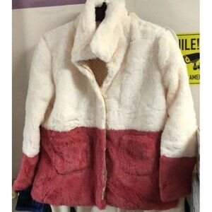 Jake & Anna Faux Fur Color Block Coat w/Stripe Lining Cream & Pink XL